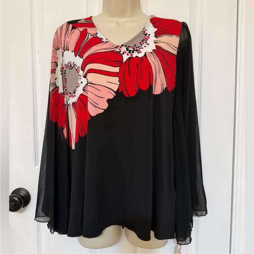 NWT Alfani Black Sheer Floral Blouse Bell Sleeve Small